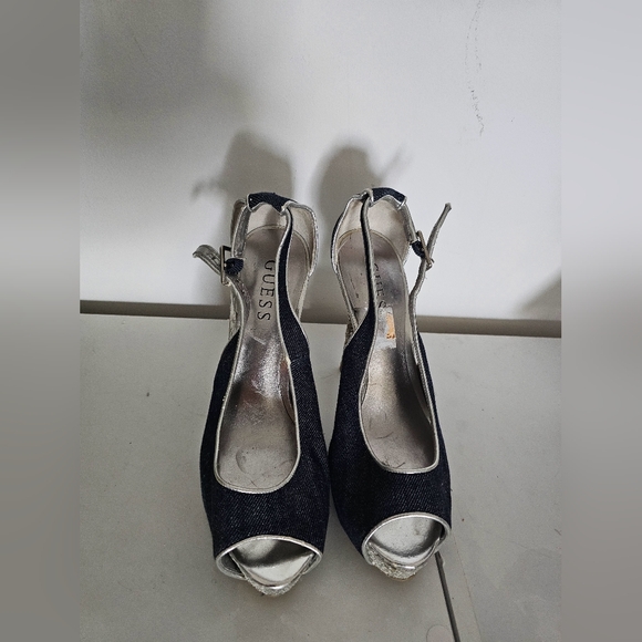 GUESS Black and Silver Peep-Toe Heels - Picture 1 of 6